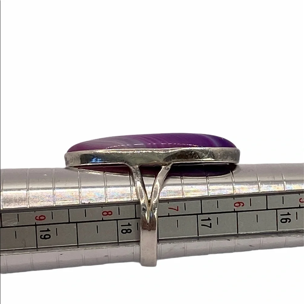 925 Sterling Silver Purple Striped Agate Ring size 7.5 vintage Statement